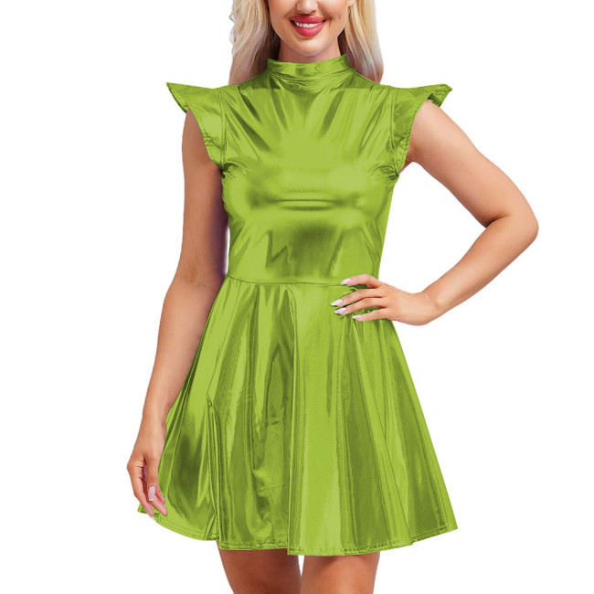 Shiny Metallic Mock Neck Slim Fit Flared Circle Skater Dress Women Sexy Club Back Zipper A-Line Mini Dress Sleeveless Vestidos