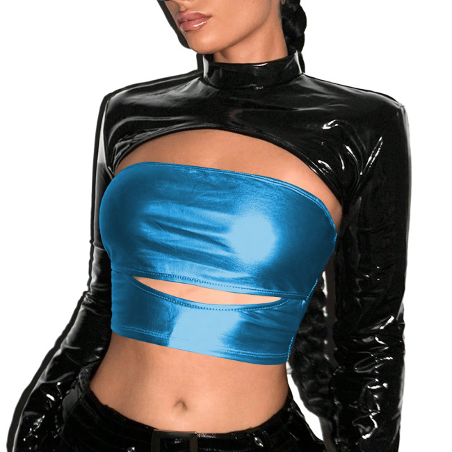 Punk Metallic Shiny Tube Top Sexy Strapless Top Nightclub Sleeveless Off Shoulder Bodycon Crop Top Womens T-shirt Party Clubwear
