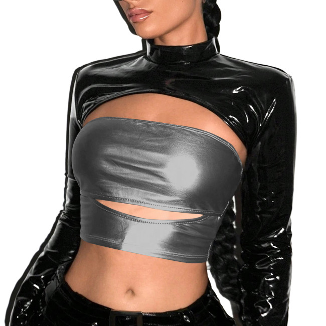 Punk Metallic Shiny Tube Top Sexy Strapless Top Nightclub Sleeveless Off Shoulder Bodycon Crop Top Womens T-shirt Party Clubwear
