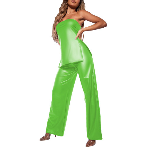 Summer Two Piece Set Women Sexy Club Tube Top Slim Fit Matte High Waist PU Leather Pants Chic Office Lady Pant Sets Streetwear