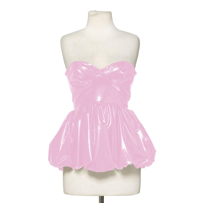 Fashion Wetlook Patent Leather Corset Tops Women Sexy Pleated Fluffy Hem Sleeveless Tops Streetwear Beach Party Mini Dresses 7XL