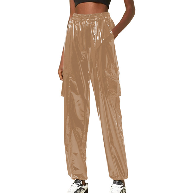 Exotic Loose Harem Pants Women Wetlook Pvc Lingerie Elastic Waist Hip Hop Long Pants Fetish Gay Mens Fetish Wear Solid Bottoms