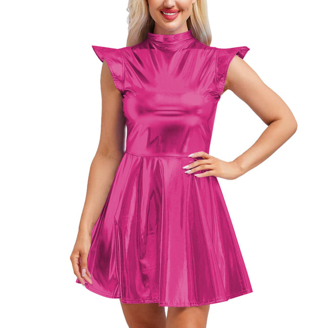 Shiny Metallic Mock Neck Slim Fit Flared Circle Skater Dress Women Sexy Club Back Zipper A-Line Mini Dress Sleeveless Vestidos