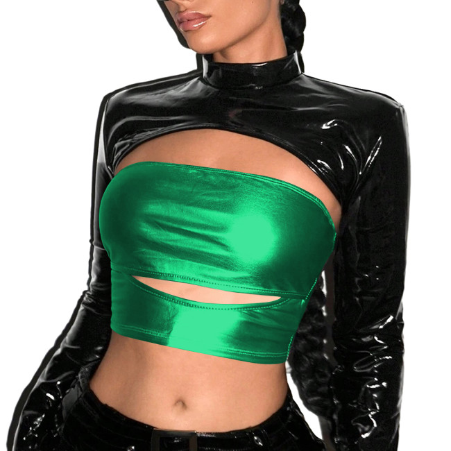 Punk Metallic Shiny Tube Top Sexy Strapless Top Nightclub Sleeveless Off Shoulder Bodycon Crop Top Womens T-shirt Party Clubwear