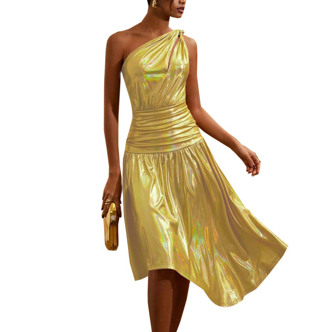 One Shoulder Shiny Holographic Evening Party Dress Summer Slim Fit A-line Sexy Dress for Women Cocktail Nightclub Laser Vestidos