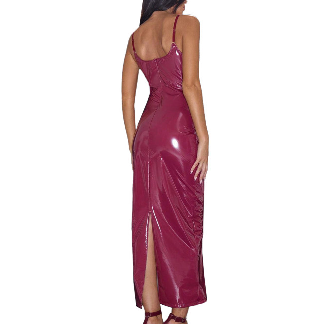 Summer Wetlook Long Dress Glossy Sexy Spaghetti Strap Back Slit Dresses Shiny PVC Party Club Women Dress Elegant Gowns Vestidos