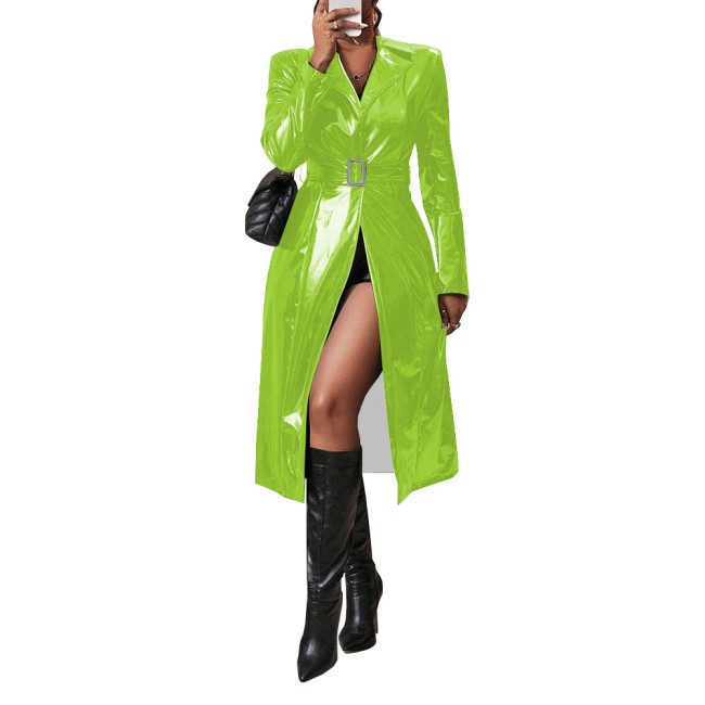 Shiny PVC Leather Belted Trench Coat Winter Clothes Wetlook Women Lapel Long Sleeve Slim Fit Faux Latex Long Coat Sissy Clubwear