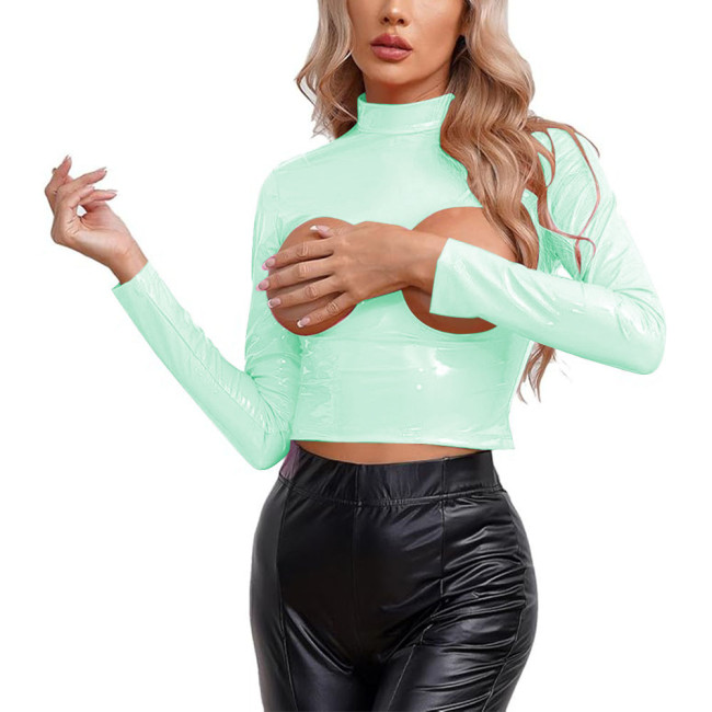 Erotic Sexy Open Chest Crop Top Womens Exotic Lingerie Wetlook PVC Leather Cupless T-shirt Clubwear Night Rave Party Dance Tops