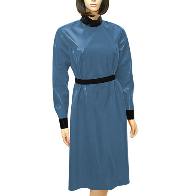 Fashion Patchwork High Waist A-line Dress for Women Long Sleeve Casual PVC Leather Dress Elegance Outdoor Slim Summer Vestidos