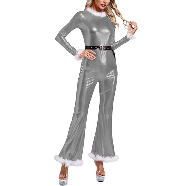 Women's Shiny Metallic Jumpsuit with Belt Long Sleeve Bell Bottom Catsuit Santa Claus Xmas Party Cosplay Bodysuit Fancy Dress Up