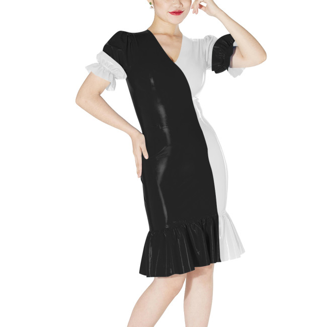 Fashion Ruffles Contrast Color Dress Shiny PVC Puff Short-sleeved Slim Fit Dresses for Party Glossy Leather Knee-length Vestidos