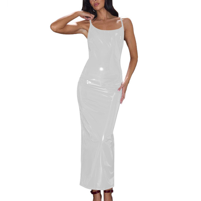 Summer Wetlook Long Dress Glossy Sexy Spaghetti Strap Back Slit Dresses Shiny PVC Party Club Women Dress Elegant Gowns Vestidos