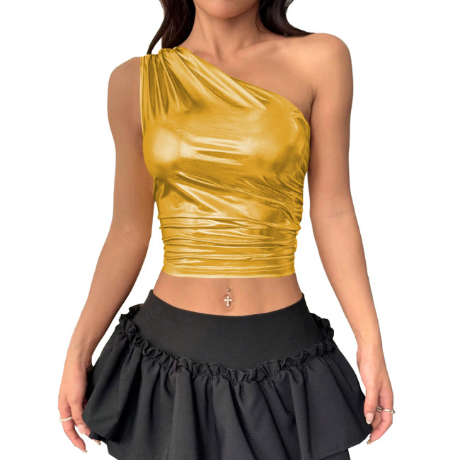 Sexy Women Shiny Metallic Slim Fit Corset Crop Top Casual One Shoulder Tank Tops Rave Outfit Dancewear Sleeveless Sexy Tops