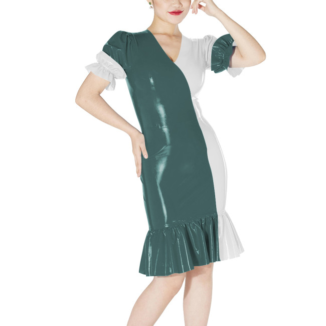 Fashion Ruffles Contrast Color Dress Shiny PVC Puff Short-sleeved Slim Fit Dresses for Party Glossy Leather Knee-length Vestidos