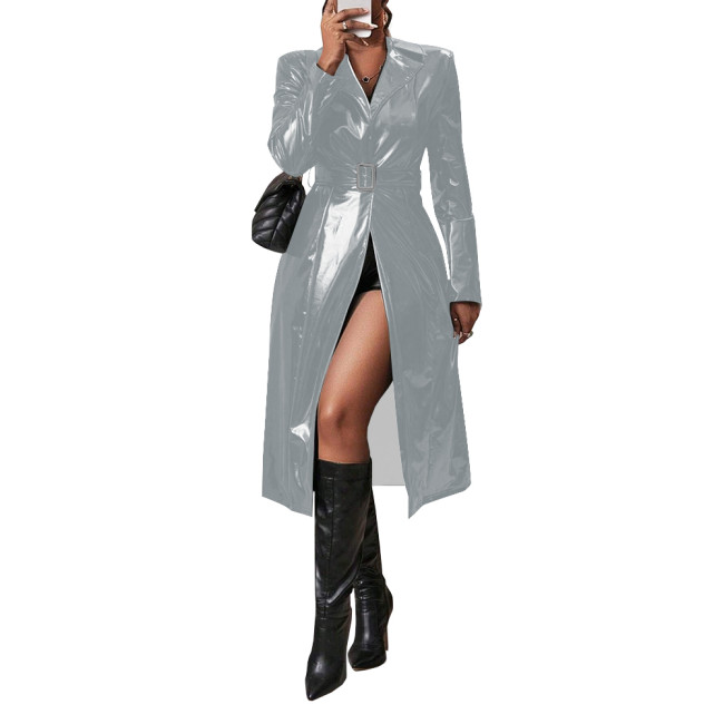Shiny PVC Leather Belted Trench Coat Winter Clothes Wetlook Women Lapel Long Sleeve Slim Fit Faux Latex Long Coat Sissy Clubwear