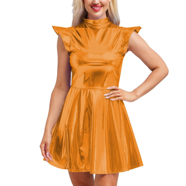 Shiny Metallic Mock Neck Slim Fit Flared Circle Skater Dress Women Sexy Club Back Zipper A-Line Mini Dress Sleeveless Vestidos