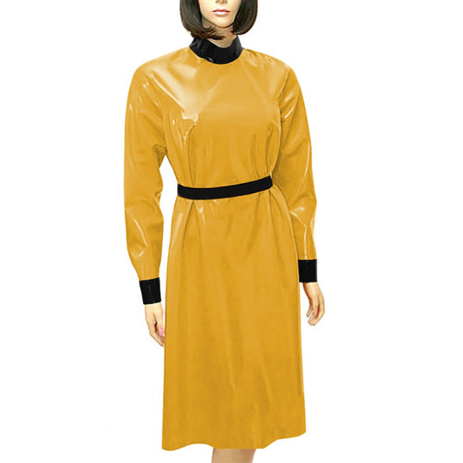 Fashion Patchwork High Waist A-line Dress for Women Long Sleeve Casual PVC Leather Dress Elegance Outdoor Slim Summer Vestidos
