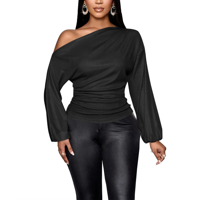 Long Sleeve Solid Graphic T Shirts for Women Slim Fit One Shoulder Sexy Tops Office Lady Shiny Metallic Casual Vintage Clothes