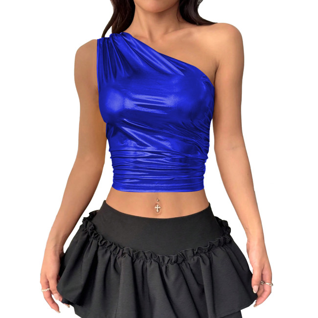 Sexy Women Shiny Metallic Slim Fit Corset Crop Top Casual One Shoulder Tank Tops Rave Outfit Dancewear Sleeveless Sexy Tops
