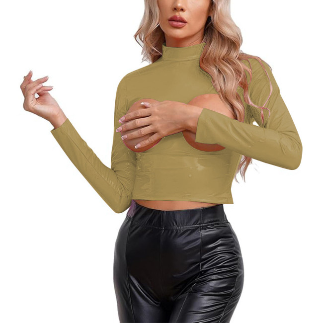 Erotic Sexy Open Chest Crop Top Womens Exotic Lingerie Wetlook PVC Leather Cupless T-shirt Clubwear Night Rave Party Dance Tops