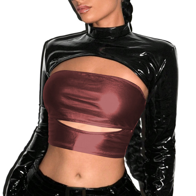 Punk Metallic Shiny Tube Top Sexy Strapless Top Nightclub Sleeveless Off Shoulder Bodycon Crop Top Womens T-shirt Party Clubwear