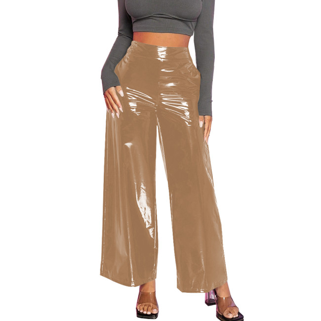 Office Lady Baggy Pants Casual Wetlook PVC Leather Women Clothing High Waist Solid Black Pants Gothic Streetwear Women Pants
