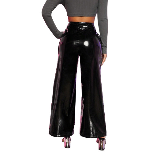 Office Lady Baggy Pants Casual Wetlook PVC Leather Women Clothing High Waist Solid Black Pants Gothic Streetwear Women Pants