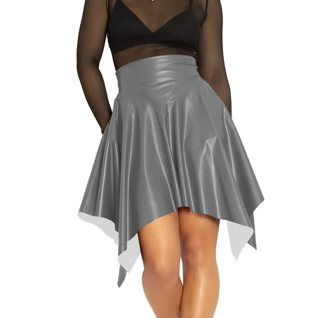 Casual PU Leather Asymmetrical Hem Mini Skirt Vintage Women Slim Fit Dance High Waist Faux Leather Skirts Sexy Club A-Line Skirt