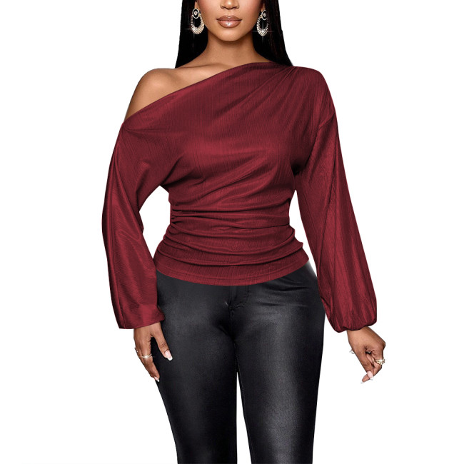 Long Sleeve Solid Graphic T Shirts for Women Slim Fit One Shoulder Sexy Tops Office Lady Shiny Metallic Casual Vintage Clothes