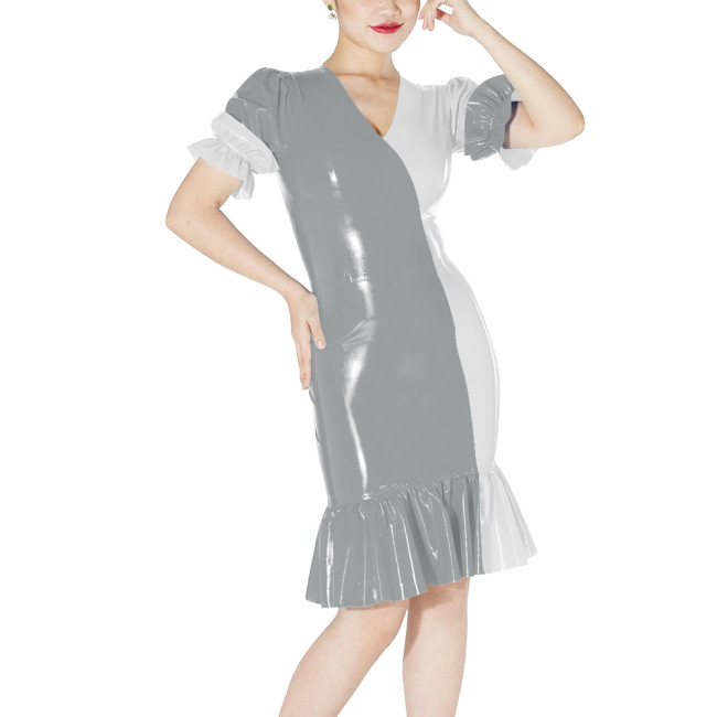 Fashion Ruffles Contrast Color Dress Shiny PVC Puff Short-sleeved Slim Fit Dresses for Party Glossy Leather Knee-length Vestidos