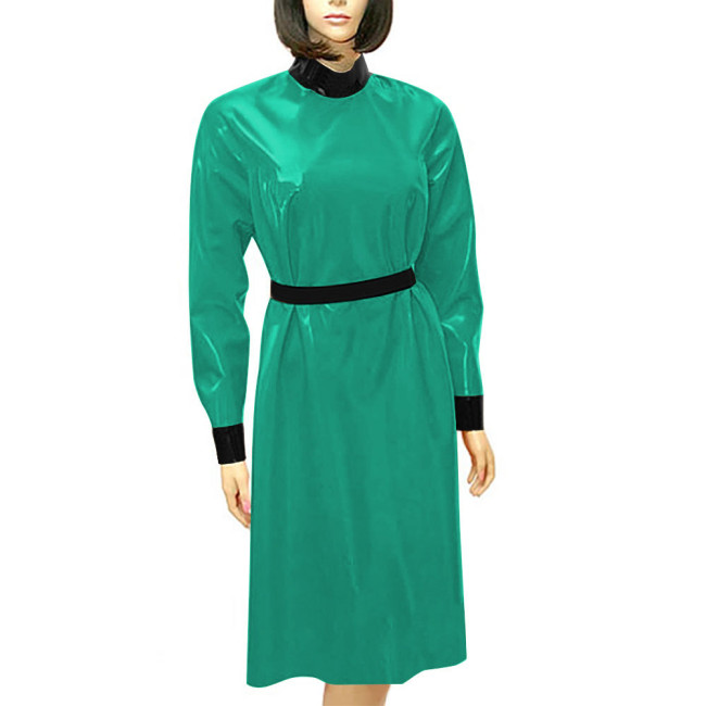 Fashion Patchwork High Waist A-line Dress for Women Long Sleeve Casual PVC Leather Dress Elegance Outdoor Slim Summer Vestidos