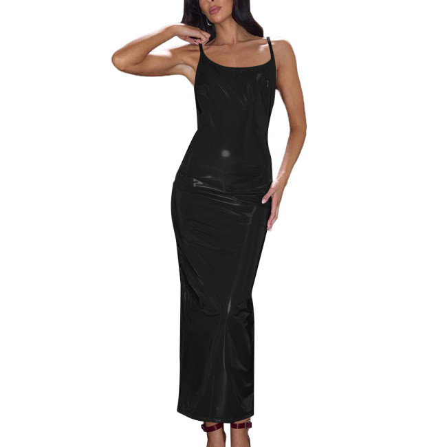 Summer Wetlook Long Dress Glossy Sexy Spaghetti Strap Back Slit Dresses Shiny PVC Party Club Women Dress Elegant Gowns Vestidos