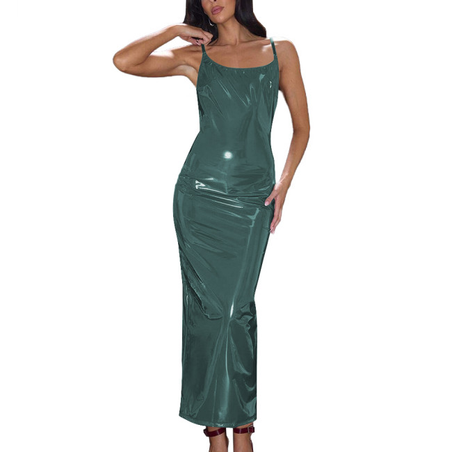 Summer Wetlook Long Dress Glossy Sexy Spaghetti Strap Back Slit Dresses Shiny PVC Party Club Women Dress Elegant Gowns Vestidos