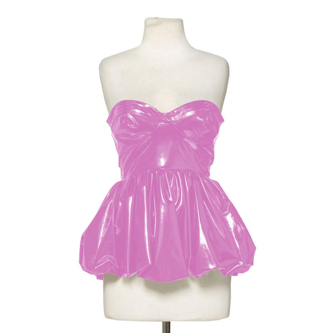 Fashion Wetlook Patent Leather Corset Tops Women Sexy Pleated Fluffy Hem Sleeveless Tops Streetwear Beach Party Mini Dresses 7XL