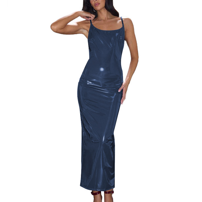 Summer Wetlook Long Dress Glossy Sexy Spaghetti Strap Back Slit Dresses Shiny PVC Party Club Women Dress Elegant Gowns Vestidos