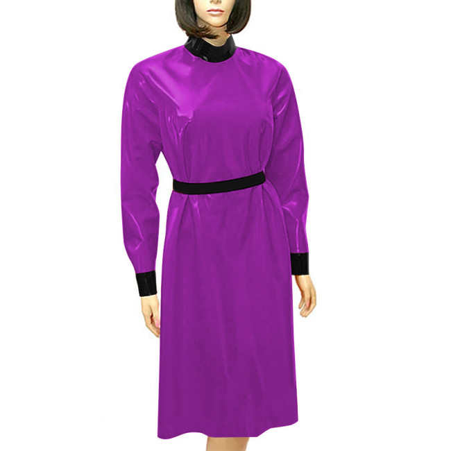 Fashion Patchwork High Waist A-line Dress for Women Long Sleeve Casual PVC Leather Dress Elegance Outdoor Slim Summer Vestidos