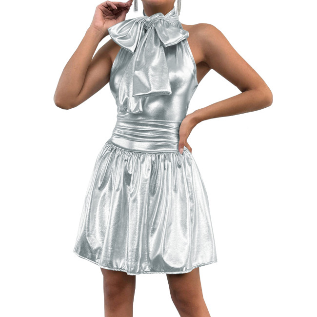 Elegant Halter Sleeveless Ruffled A-line Mini Dress Shiny Metallic Backless Solid Stretch Casual Office Lady Dress Daily Wear