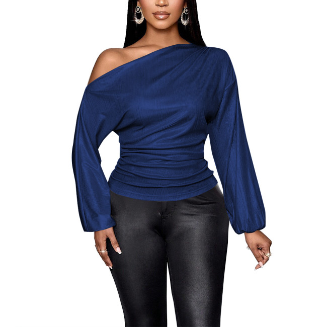 Long Sleeve Solid Graphic T Shirts for Women Slim Fit One Shoulder Sexy Tops Office Lady Shiny Metallic Casual Vintage Clothes