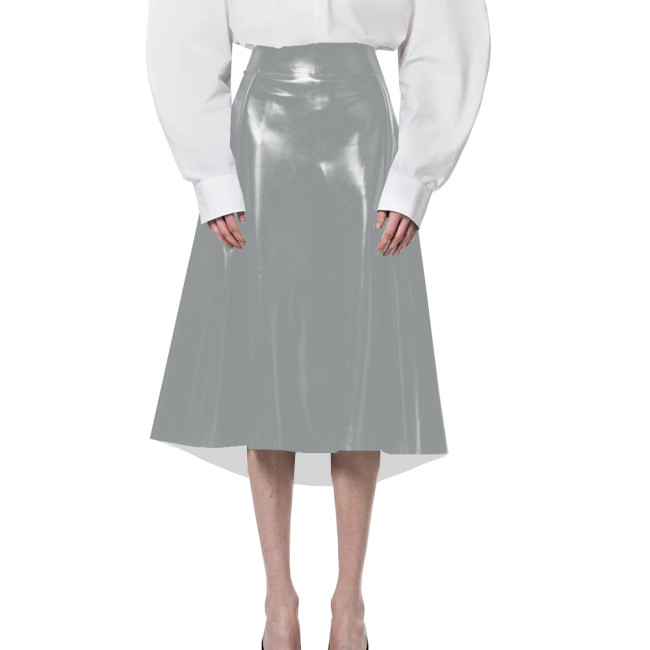 Casual Dating Midi Skirt for Womens Elegant A-line Solid Color PVC Shiny Skirts Wetlook PU Leather High-Waisted Office Skirts