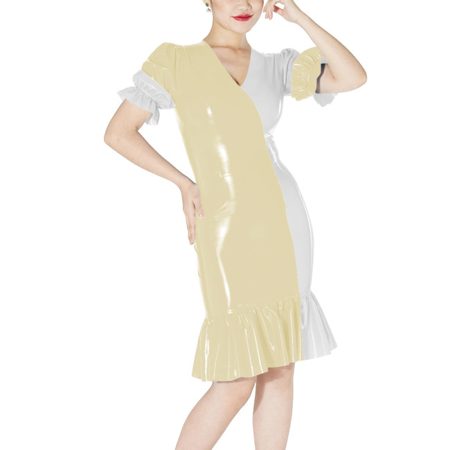 Fashion Ruffles Contrast Color Dress Shiny PVC Puff Short-sleeved Slim Fit Dresses for Party Glossy Leather Knee-length Vestidos