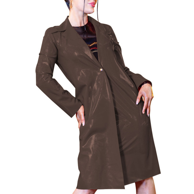 Women New Fashion Slim PVC Shiny Long Sleeve Trench Coats Female Turn-down Collar Solid Color Faux Latex Midi Outwear Casual