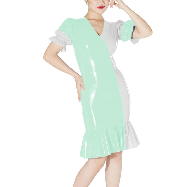 Fashion Ruffles Contrast Color Dress Shiny PVC Puff Short-sleeved Slim Fit Dresses for Party Glossy Leather Knee-length Vestidos