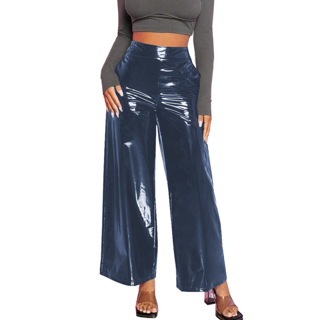 Office Lady Baggy Pants Casual Wetlook PVC Leather Women Clothing High Waist Solid Black Pants Gothic Streetwear Women Pants