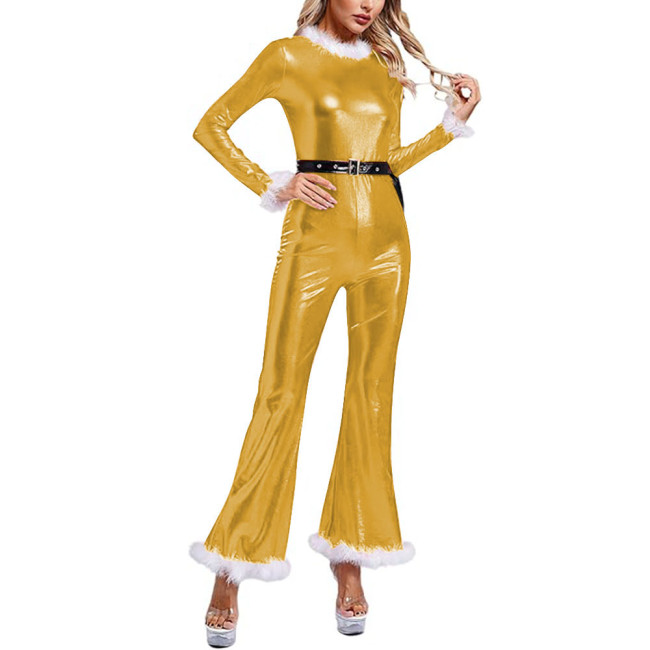 Women's Shiny Metallic Jumpsuit with Belt Long Sleeve Bell Bottom Catsuit Santa Claus Xmas Party Cosplay Bodysuit Fancy Dress Up