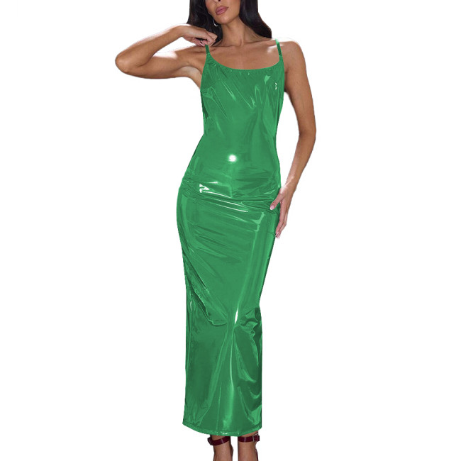 Summer Wetlook Long Dress Glossy Sexy Spaghetti Strap Back Slit Dresses Shiny PVC Party Club Women Dress Elegant Gowns Vestidos