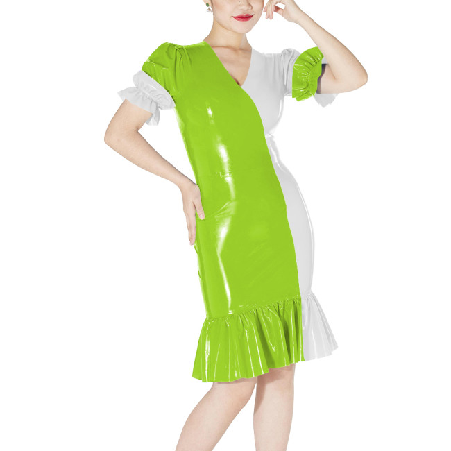 Fashion Ruffles Contrast Color Dress Shiny PVC Puff Short-sleeved Slim Fit Dresses for Party Glossy Leather Knee-length Vestidos