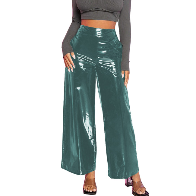 Office Lady Baggy Pants Casual Wetlook PVC Leather Women Clothing High Waist Solid Black Pants Gothic Streetwear Women Pants