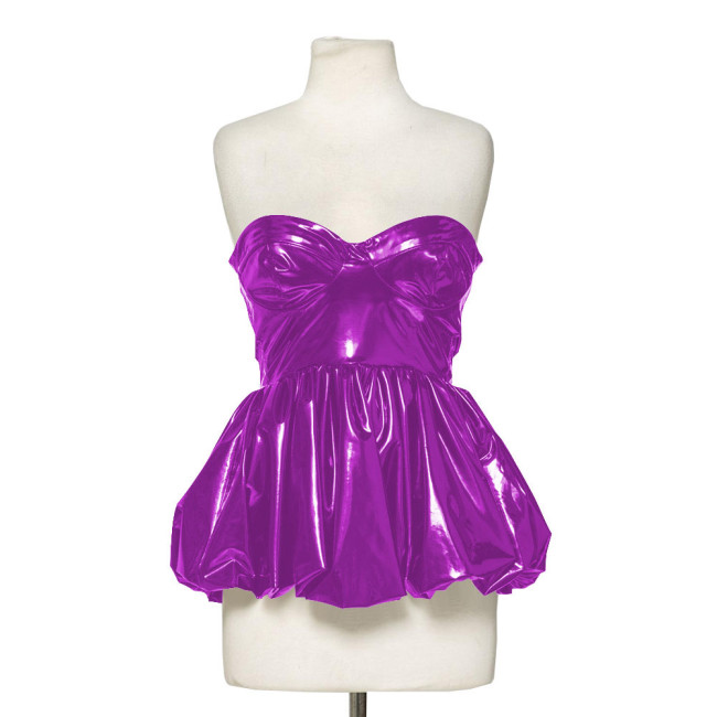 Fashion Wetlook Patent Leather Corset Tops Women Sexy Pleated Fluffy Hem Sleeveless Tops Streetwear Beach Party Mini Dresses 7XL
