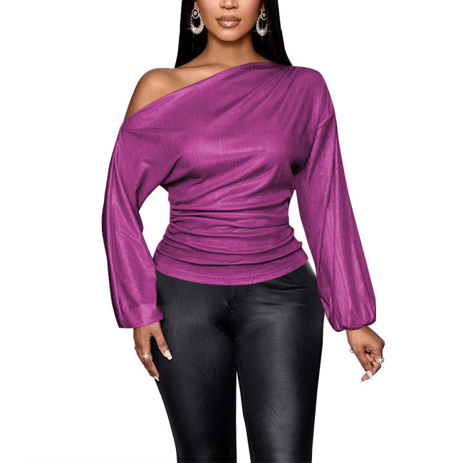 Long Sleeve Solid Graphic T Shirts for Women Slim Fit One Shoulder Sexy Tops Office Lady Shiny Metallic Casual Vintage Clothes