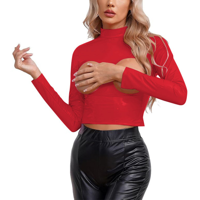 Erotic Sexy Open Chest Crop Top Womens Exotic Lingerie Wetlook PVC Leather Cupless T-shirt Clubwear Night Rave Party Dance Tops